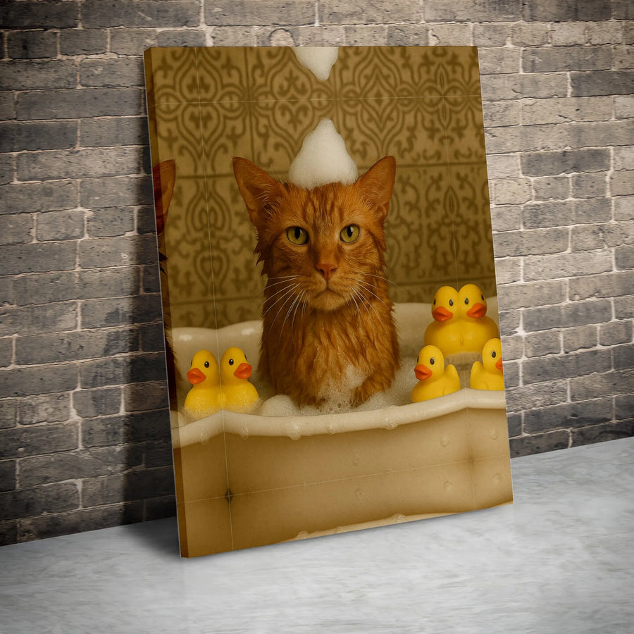 Orange Cat In Bubble Bath Canvas Wall Art | Whimsical Ginger Cat With Rubber Ducks Print | Premium Gallery-Wrapped Decor | Unique Gift For Cat Lovers