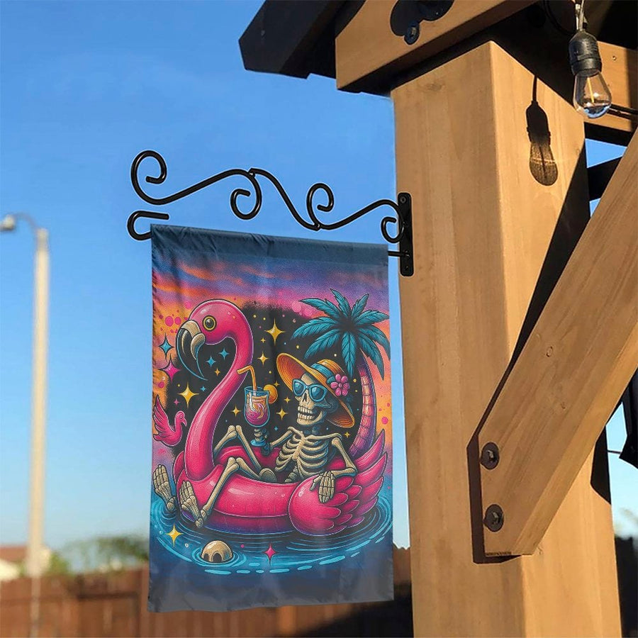 Skeleton Garden Flag | Tropical Flamingo Summer Pool Party Decor | Weather-Resistant Polyester | Retro Beach Yard Art Gift