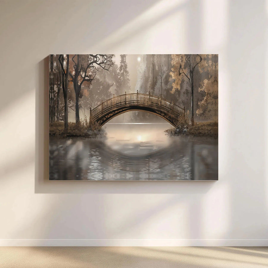 Misty Forest Bridge Canvas Wall Art | Serene River Landscape Painting | Premium Thick Gallery Wrap | Living Room & Bedroom Decor Gift