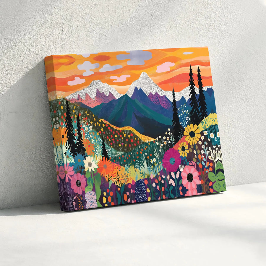 Mountain Wildflower Canvas Art | Colorful Folk Art Landscape Print | Premium Gallery Wrapped Wall Decor | Gift for Nature Lover