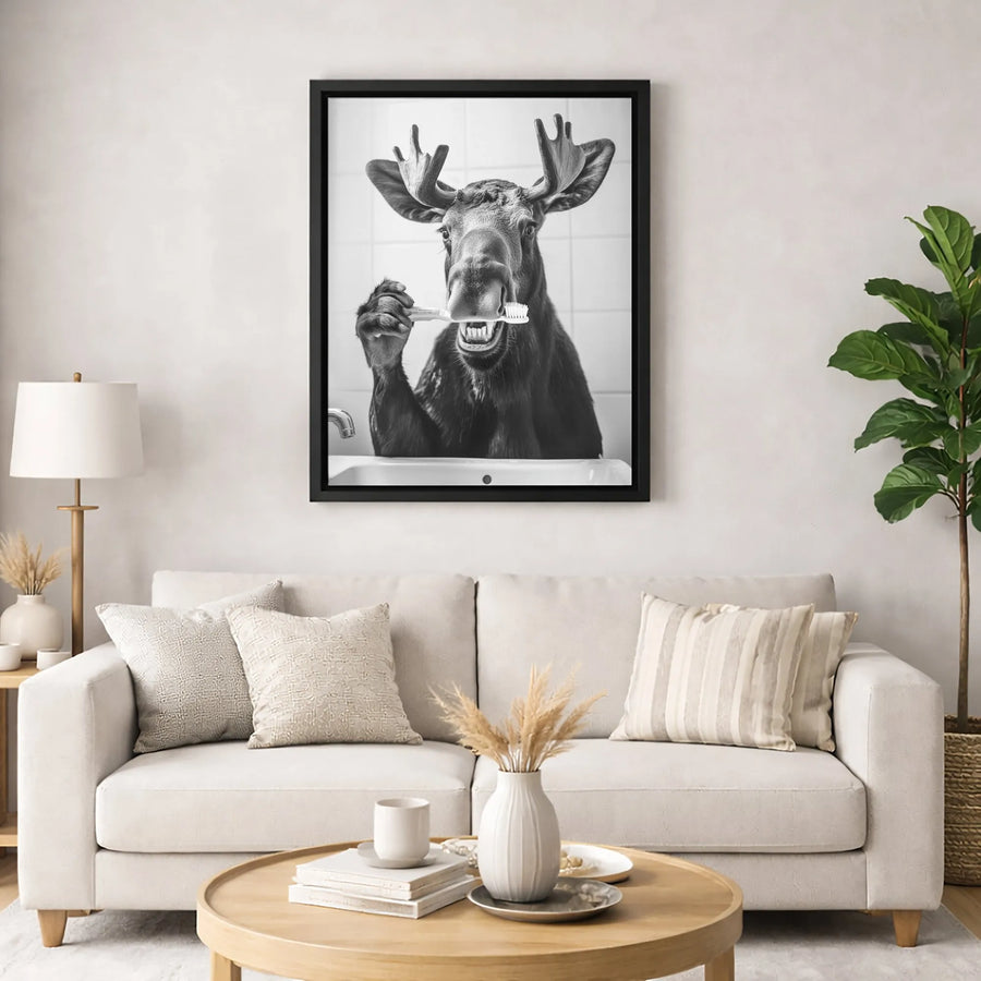 Moose Brushing Teeth Wall Art | Funny Animal Bathroom Decor | Gallery-Quality Canvas Print | Whimsical Home Decor Gift