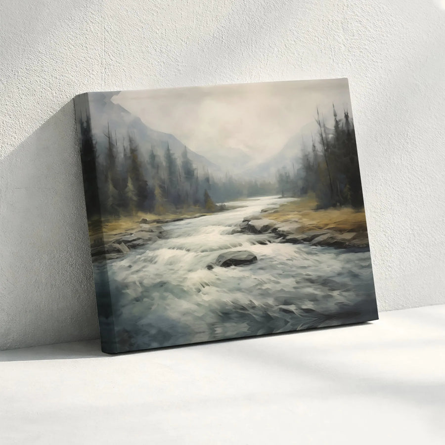 Misty Mountain River Canvas Art | Moody Forest Landscape Painting | Premium Gallery-Wrapped Print | Rustic Home Decor Gift