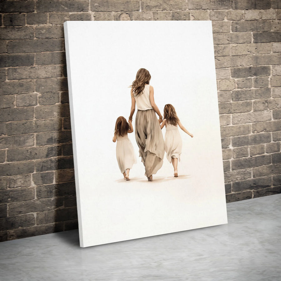 Mother and Two Daughters Canvas Wall Art | Whimsical Family Portrait Illustration | Premium Gallery Wrap Print | Heartfelt Motherhood Gift for Home Decor