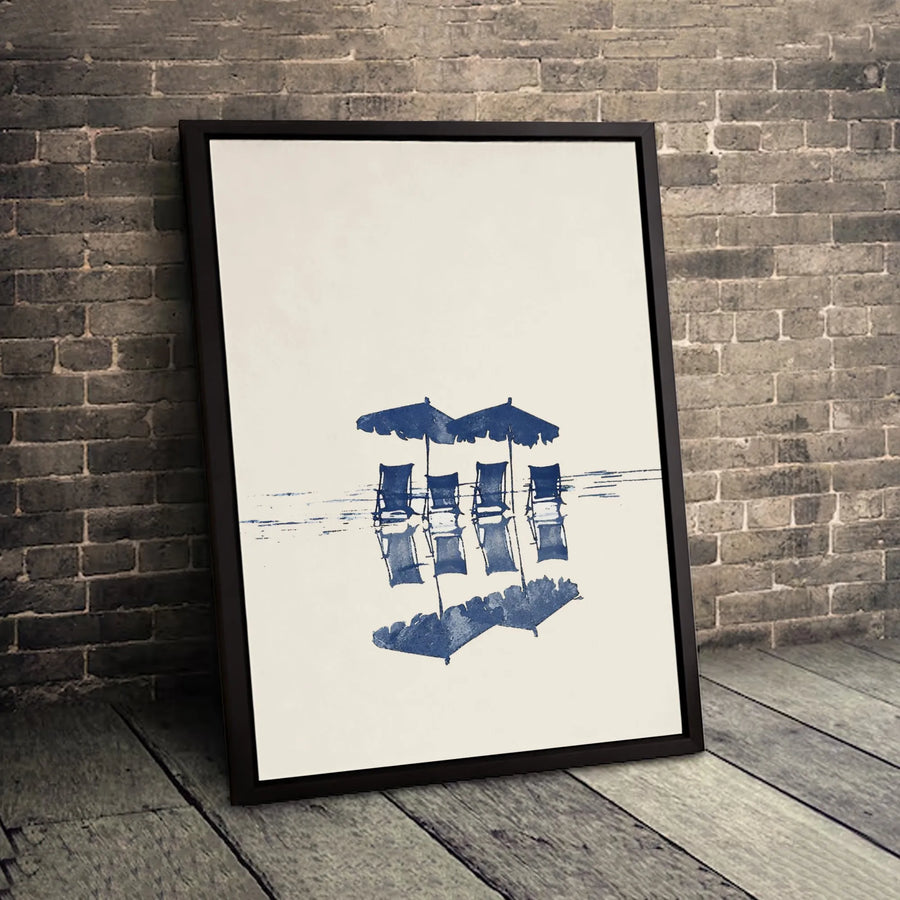 Minimalist Beach Canvas Wall Art | Indigo Umbrella & Chair Reflection Print | Premium 1.25" Gallery Wrap | Modern Coastal Home Decor