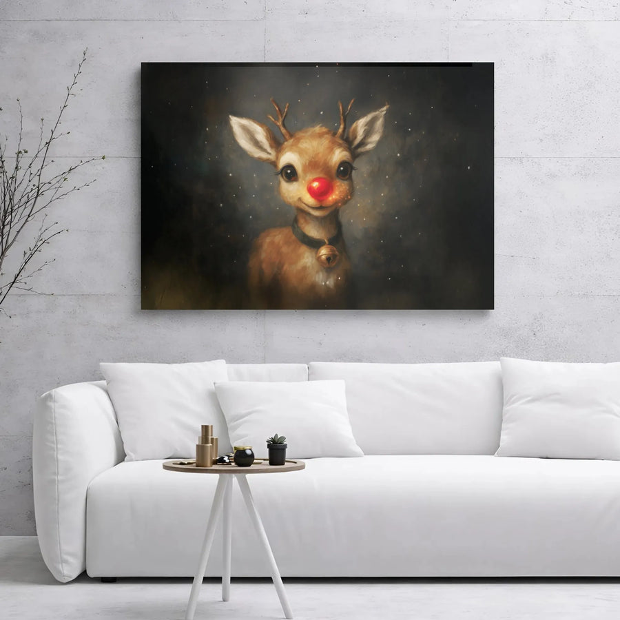 Red Nosed Reindeer Wall Art | Glowing Nose Christmas Canvas Print | Premium Gallery Wrap Decor | Holiday Gift for Kids and Home