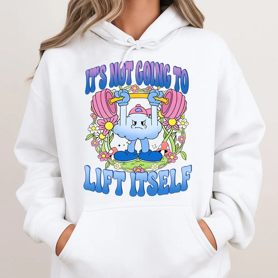 It's Not Going To Lift Itself Hoodie | Funny Gym Cartoon Weightlifting Graphic | Premium Cotton Blend Unisex Pullover | Motivation Workout Gift