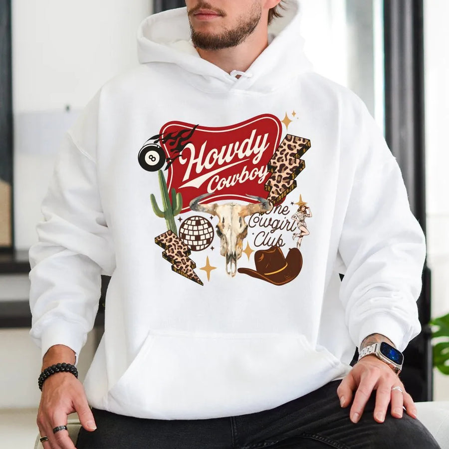 Howdy Cowgirl Club Hoodie | Retro Western Graphic with Leopard Print | Soft Cotton-Blend Pullover | Boho Country Concert Gift for Women