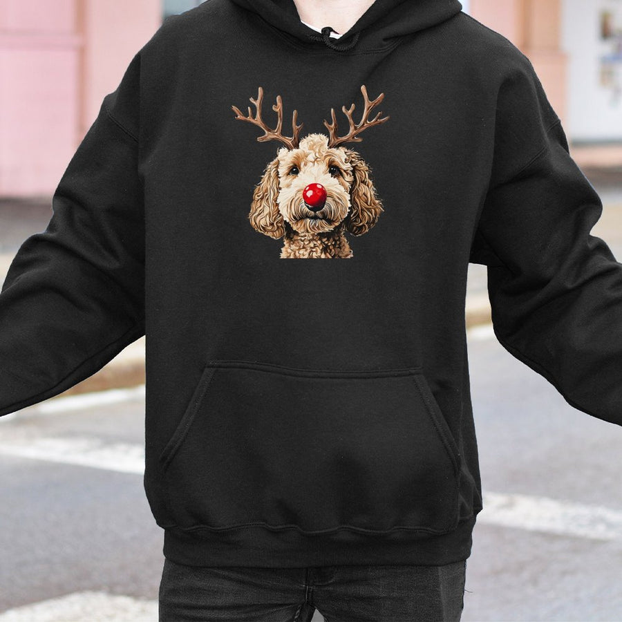 Christmas Goldendoodle Hoodie | Reindeer Antlers & Red Nose Graphic | Cotton-Poly Blend Premium Soft | Holiday Gift for Doodle Mom & Dog Lovers