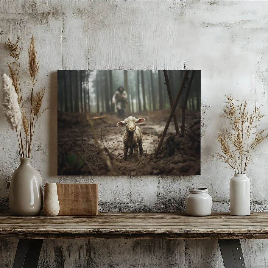 The Lost Sheep Canvas Art | Jesus Shepherd Finding A Lamb In Forest | Premium Gallery Wrap Decor | Religious Christian Gift For Home