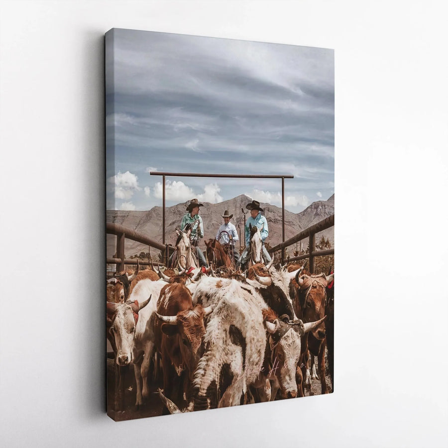 Cowboy Canvas Print | Ranchers Rounding Up Cattle Art | Premium Gallery Wrap Canvas | Rustic Farmhouse Decor Gift