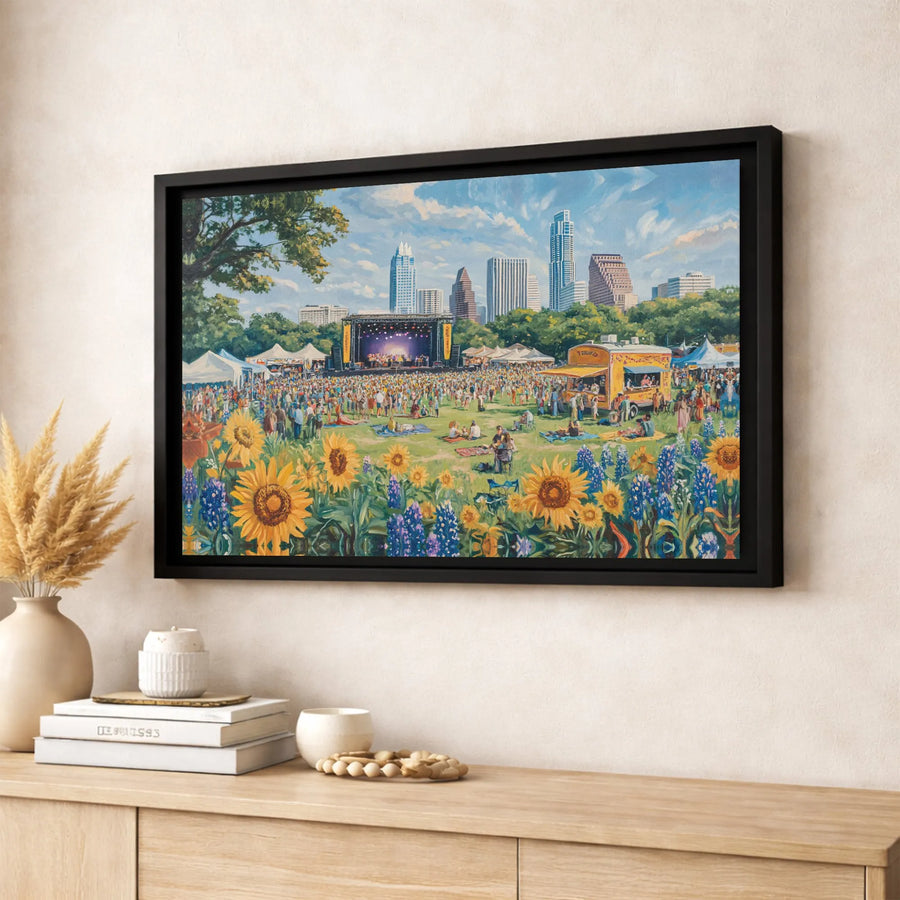 Austin Texas Music Festival Wall Art | Skyline With Sunflowers & Bluebonnets Painting | Premium Gallery Canvas | Cityscape Gift For Texan Home Decor
