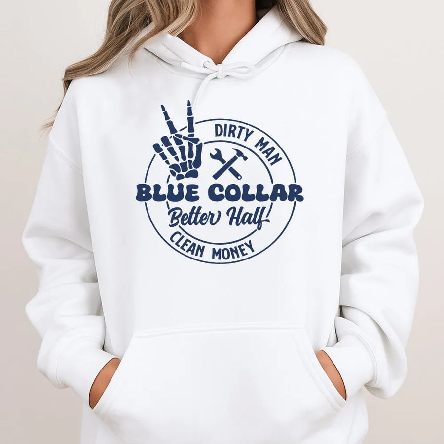 Blue Collar Hoodie | Dirty Man Clean Money Graphic | Premium Cotton Blend | Funny Gift for Hardworking Husband, Construction Worker