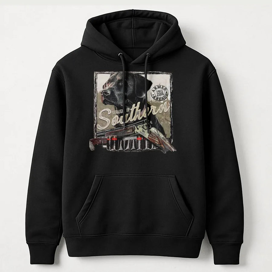 Southern Hunting Hoodie | Black Lab Retriever & Shotgun Graphic | Premium Cotton Blend Sweatshirt | Gift for Outdoorsman and Dog Lover
