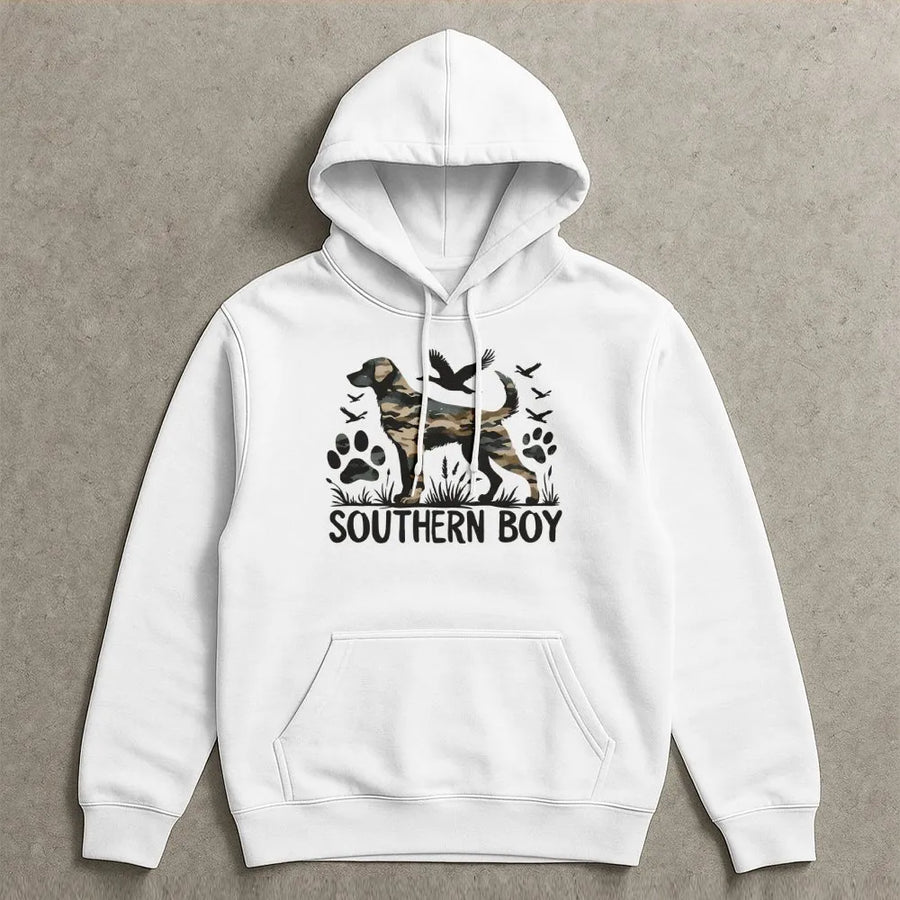 Southern Boy Dog Hunting Hoodie | Camo Retriever Graphic | Premium Cotton Blend | Gift for Outdoorsmen and Duck Hunters