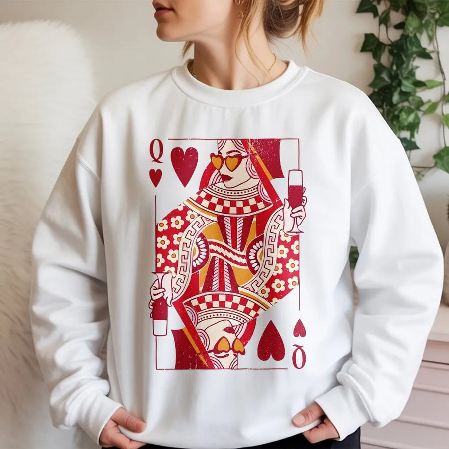 Queen Of Hearts Sweatshirt | Vintage Playing Card Graphic Print | Premium Soft Cotton Blend | Unique Gift For Her Birthday Or Valentine