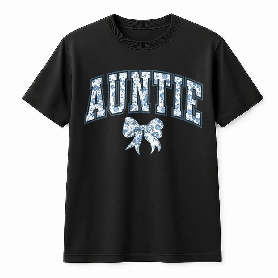 Auntie Shirt with Floral Bow | Coquette Varsity Lettering | Soft Cotton Tee | Trendy Gift for New Aunt, Pregnancy Announcement