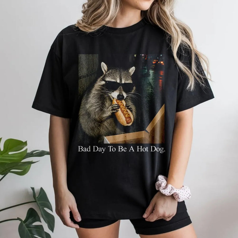 Funny Raccoon Meme T-Shirt | Bad Day To Be A Hot Dog Graphic Sweatshirt | Soft Cotton-Blend Pullover | Unisex Gift for Animal Lovers