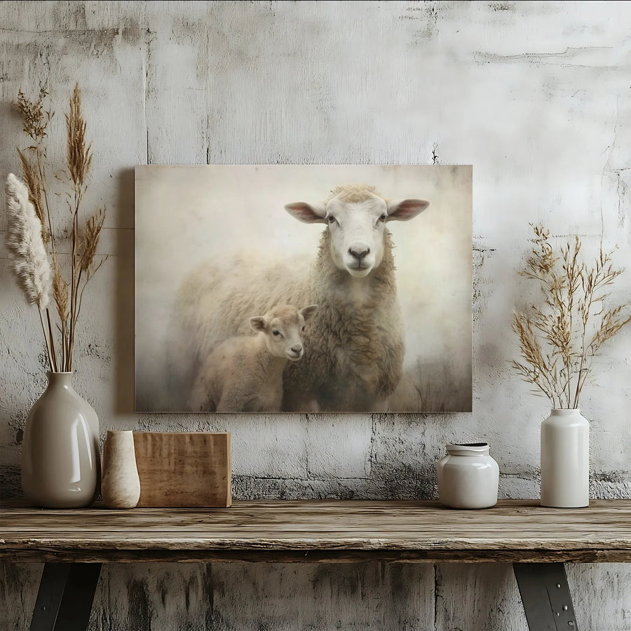 Sheep and Lamb Canvas Wall Art | Rustic Farmhouse Animal Painting | Thick Gallery Wrapped Canvas | Country Home Decor Gift