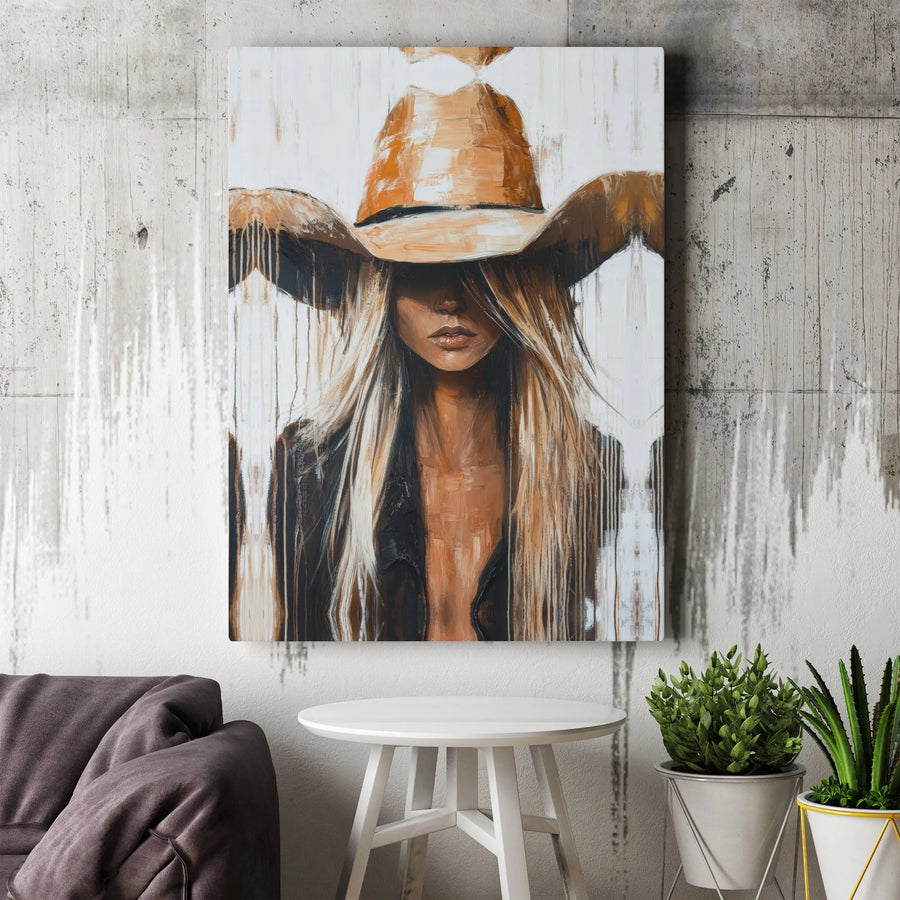 Western Cowgirl Wall Art | Moody Abstract Portrait Print | Premium Gallery Wrapped Canvas | Rustic Living Room Decor Gift