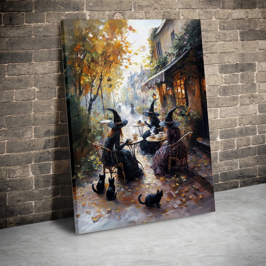 Witches Drinking Tea Canvas Print | Autumn Cafe Black Cat Art | 1.25-Inch Premium Gallery Wrap | Whimsical Fall Witchy Home Decor Gift