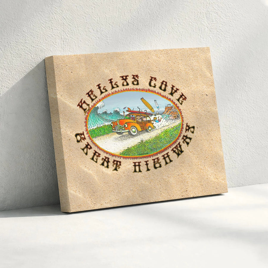 Kelly's Cove Great Highway Surf Canvas Art | Retro Woody Car Illustration | Gallery-Quality 1.25" Profile | Coastal Home Decor Gift for Surfers