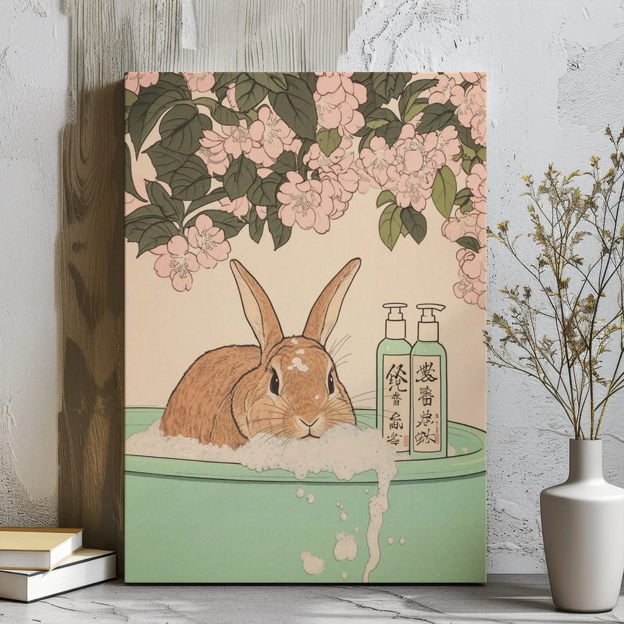 Rabbit Bubble Bath Canvas Art | Ukiyo-e Cherry Blossom Japanese Style Wall Decor | Premium Gallery Wrap Print | Whimsical Animal Lover Gift