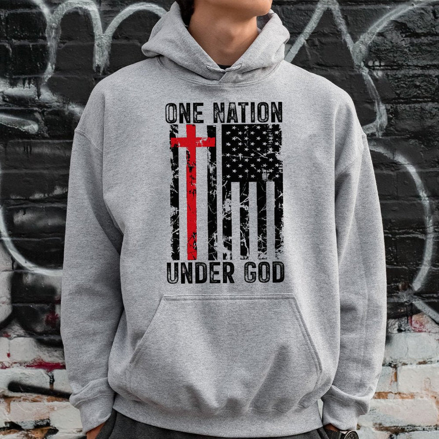 One Nation Under God Hoodie | Patriotic American Flag Cross Graphic | Premium Cotton Blend | Faith-Based Apparel Gift for Men and Women