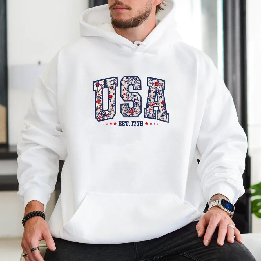 Girly USA Hoodie | Floral Patriotic Est 1776 Sweatshirt | Cozy Cotton Blend | 4th of July Gift for Women