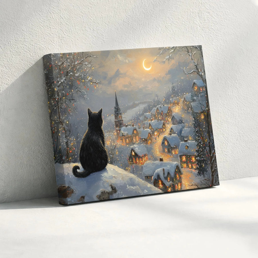 Black Cat Snowy Christmas Village Canvas | Winter Night Holiday Art Print | Gallery-Quality 1.25" Profile | Cozy Festive Wall Decor Gift