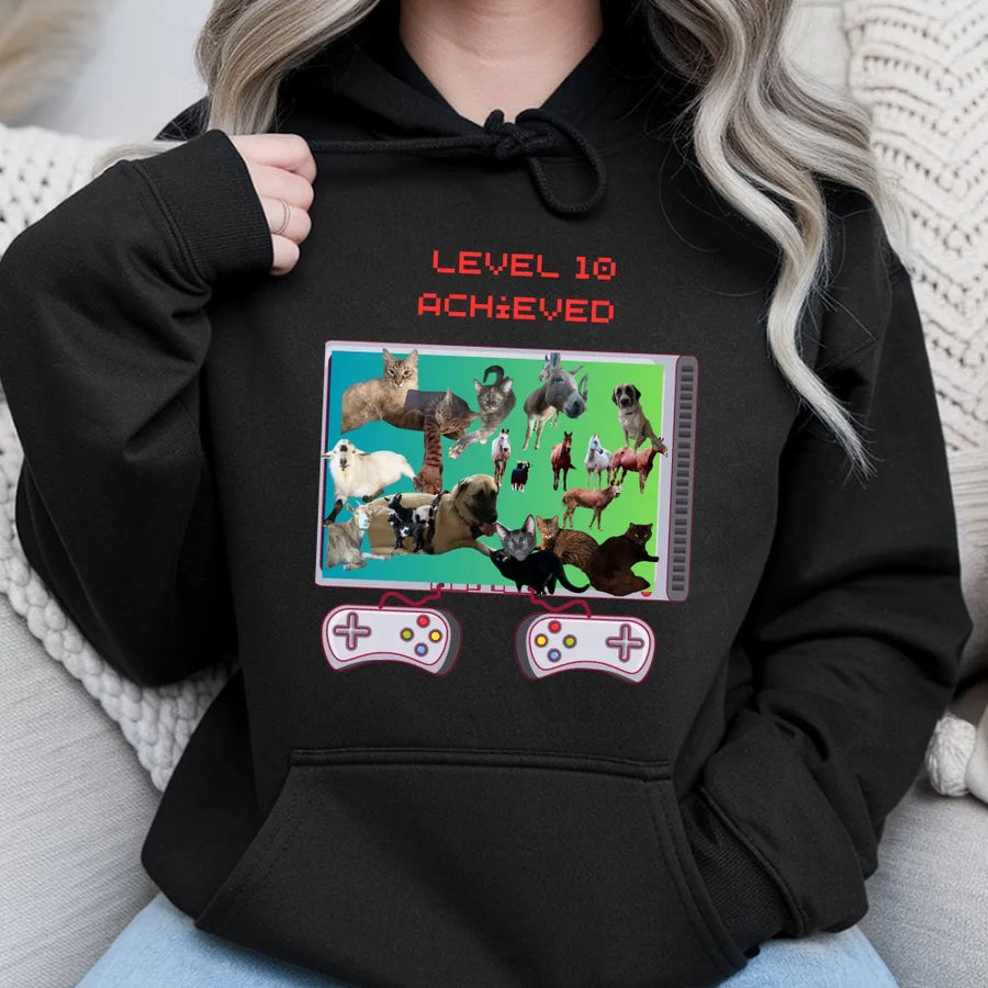 Level 10 Achieved Gamer Hoodie | Retro Pixel Art Animal Graphic | Cozy Cotton Blend | Funny 10th Birthday Gift for Gamers