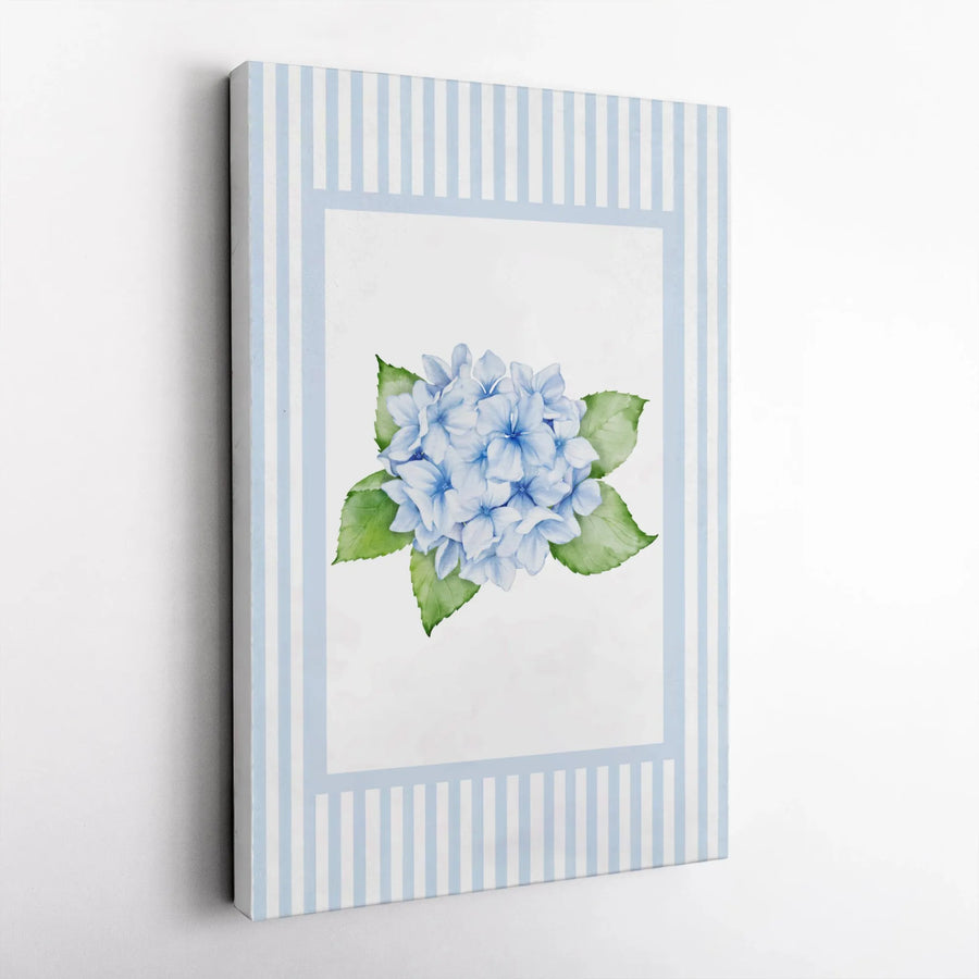 Blue Hydrangea Wall Art | Watercolor Flower With Striped Border | Premium Gallery Canvas | Farmhouse Home Decor Gift