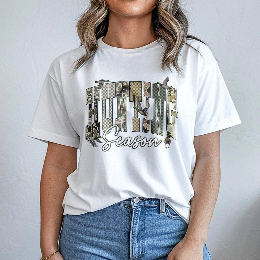 Hunting Season T-Shirt | Camo Duck Graphic Wildlife Print | Premium Soft Cotton | Gift for Hunters and Outdoorsmen