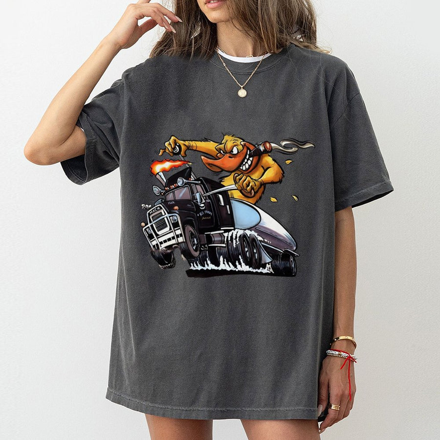 Vintage Mack Flame Truck T-Shirt – Cartoon Duck Tanker T-Shirt,Funny Semi Truck Diesel Graphic,Trucker Gift Outfit,Mack Bulldog