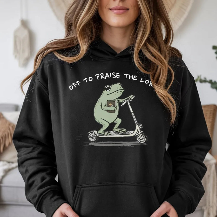 Funny Christian Frog Hoodie | Off To Praise The Lord Graphic | Premium Cotton-Blend | Bible Study Gift for Men & Women