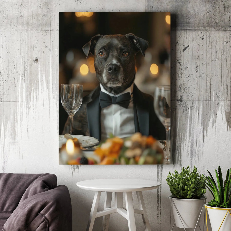 Dog in Tuxedo Canvas Print | Dapper Pitbull Portrait Art | Thick Gallery Wrap Canvas | Premium Gift for Dog Lover & Bar Decor