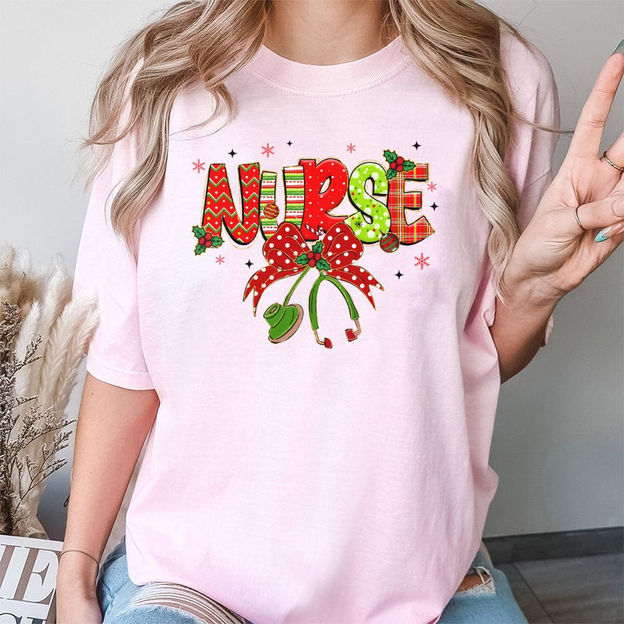 Christmas Nurse T-Shirt | Festive Plaid Stethoscope Graphic | 100% Cotton Premium Tee | Unique Holiday Gift for RN LPN Nursing Students