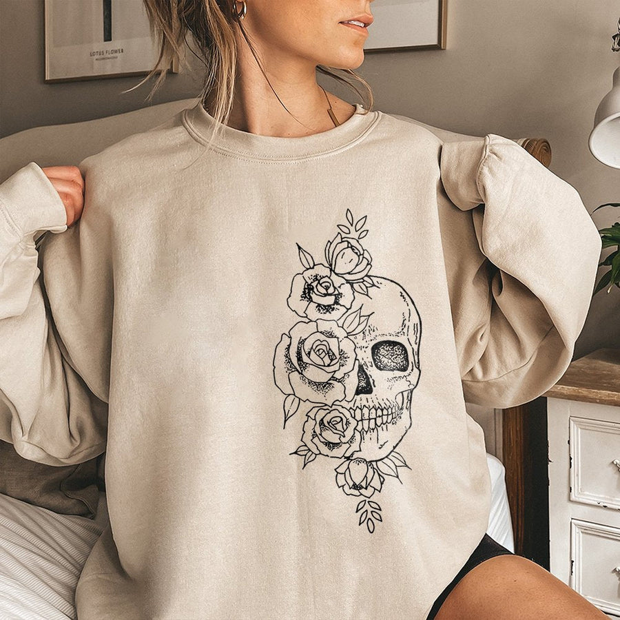 Skull and Roses Sweatshirt | Floral Gothic Graphic Print | Soft Cotton Blend Crewneck | Unisex Aesthetic Streetwear Gift for Her