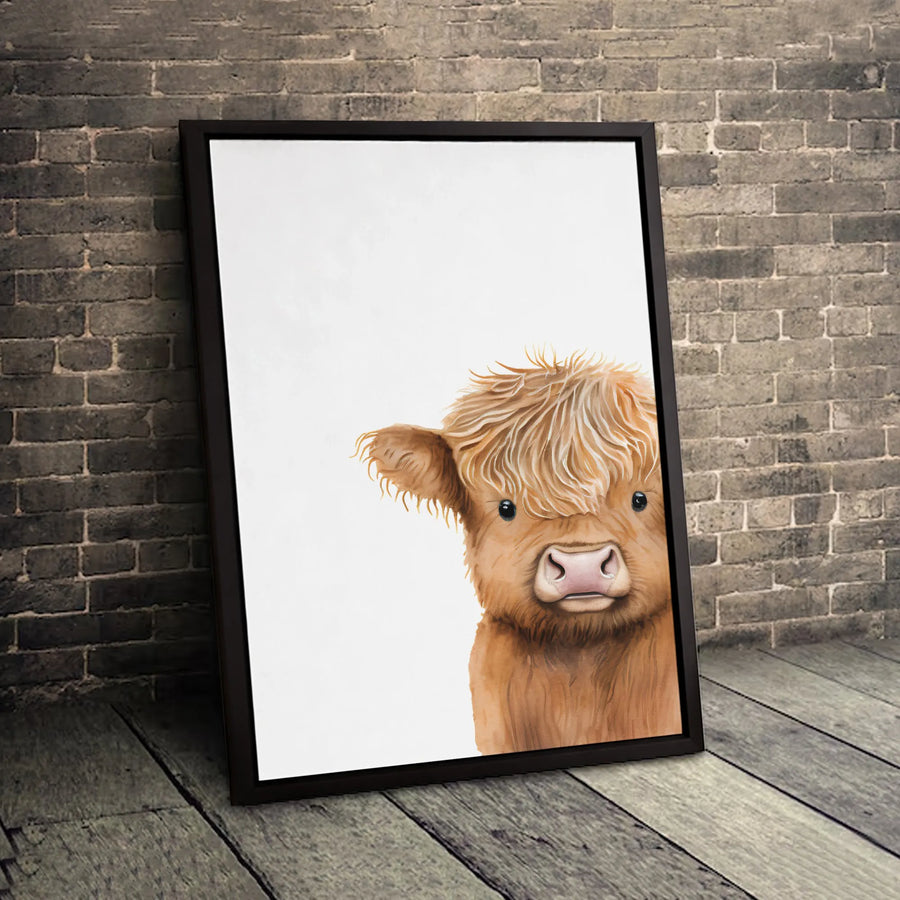 Highland Cow Wall Art Canvas | Cute Baby Cow Nursery Decor | Premium Fade-Resistant Print | Farmhouse Animal Gallery Gift for Kids