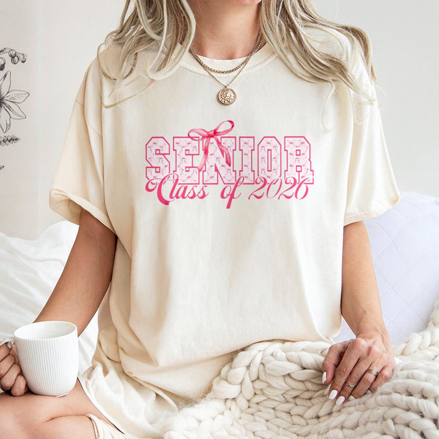 Senior Class Of 2026 T-Shirt | Cute Pink Bow Aesthetic Graduation Design | 100% Soft Cotton Premium Tee | Unique High School And College Senior Year Gift