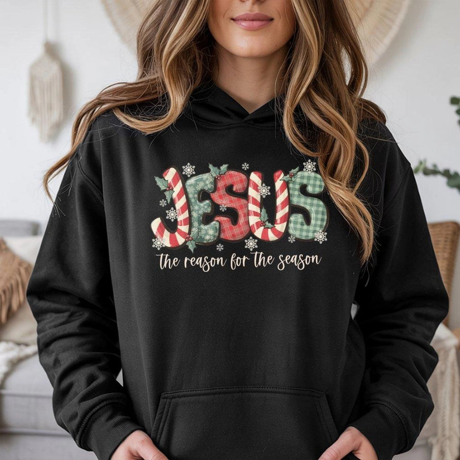 Jesus The Reason For The Season Hoodie | Plaid Candy Cane Christmas Design | Premium Cotton Blend | Christian Religious Gift For Men And Women