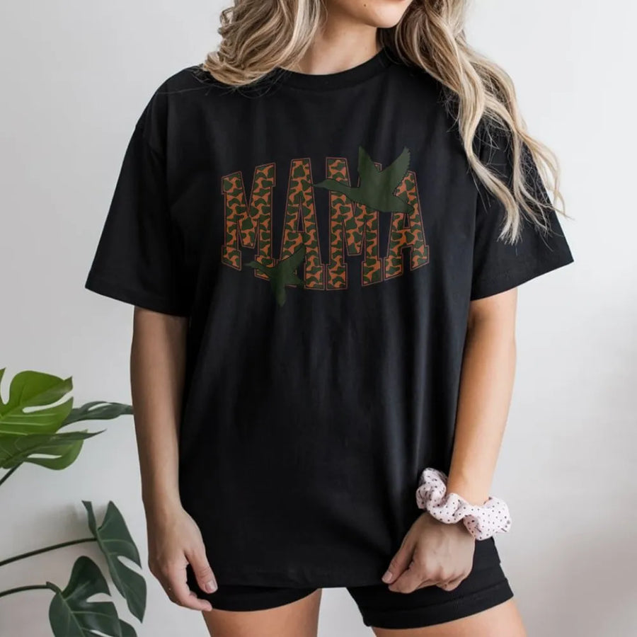 Camo Mama Duck Hunting T-Shirt | Distressed Varsity Font with Flying Mallards | Soft Premium Cotton Tee | Country Style Gift for Outdoorsy Moms
