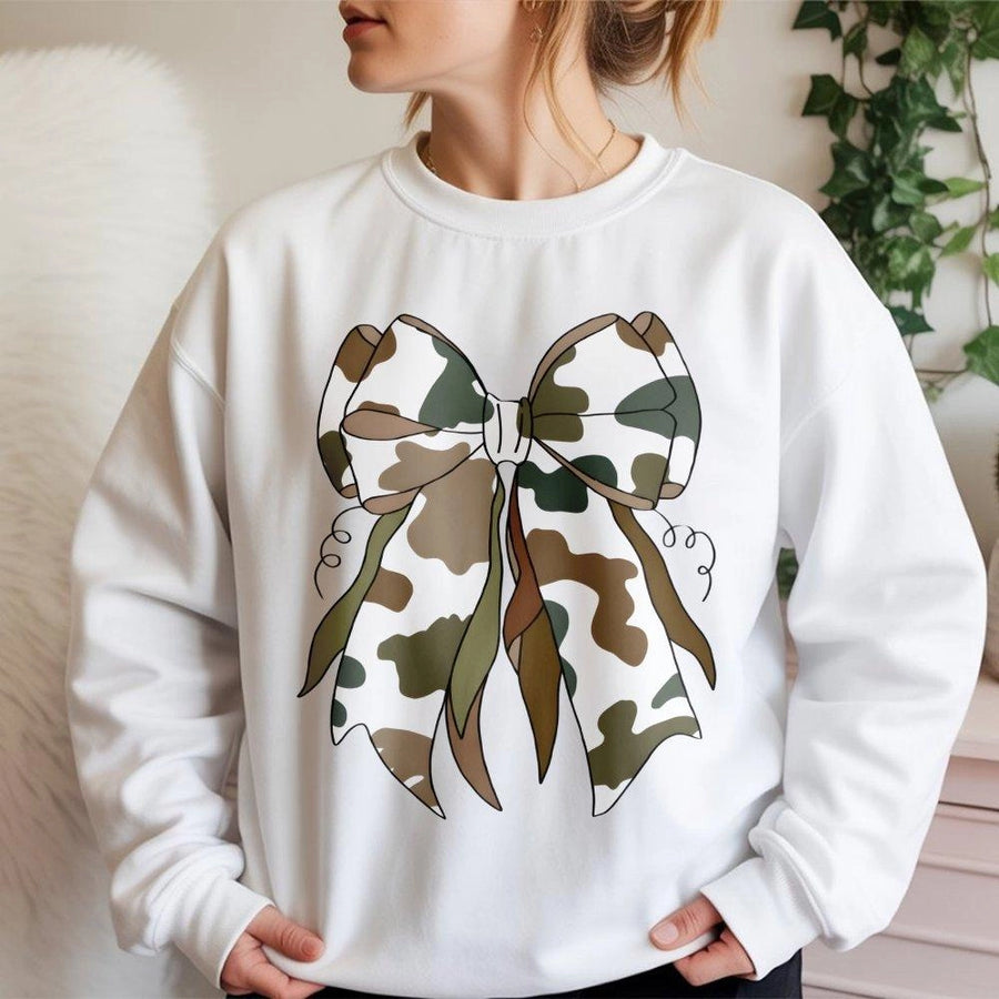 Camo Bow Sweatshirt | Trendy Coquette Aesthetic Graphic Print | Premium Cotton Blend Unisex Crewneck | Cute Fall Gift For Women And Teen Girls