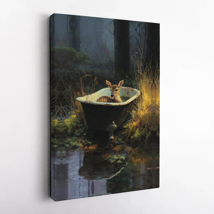 Fawn in Clawfoot Bathtub Canvas | Whimsical Forest Animal Wall Art | Premium 1.25-inch Framed Gallery Print | Unique Home Decor Gift