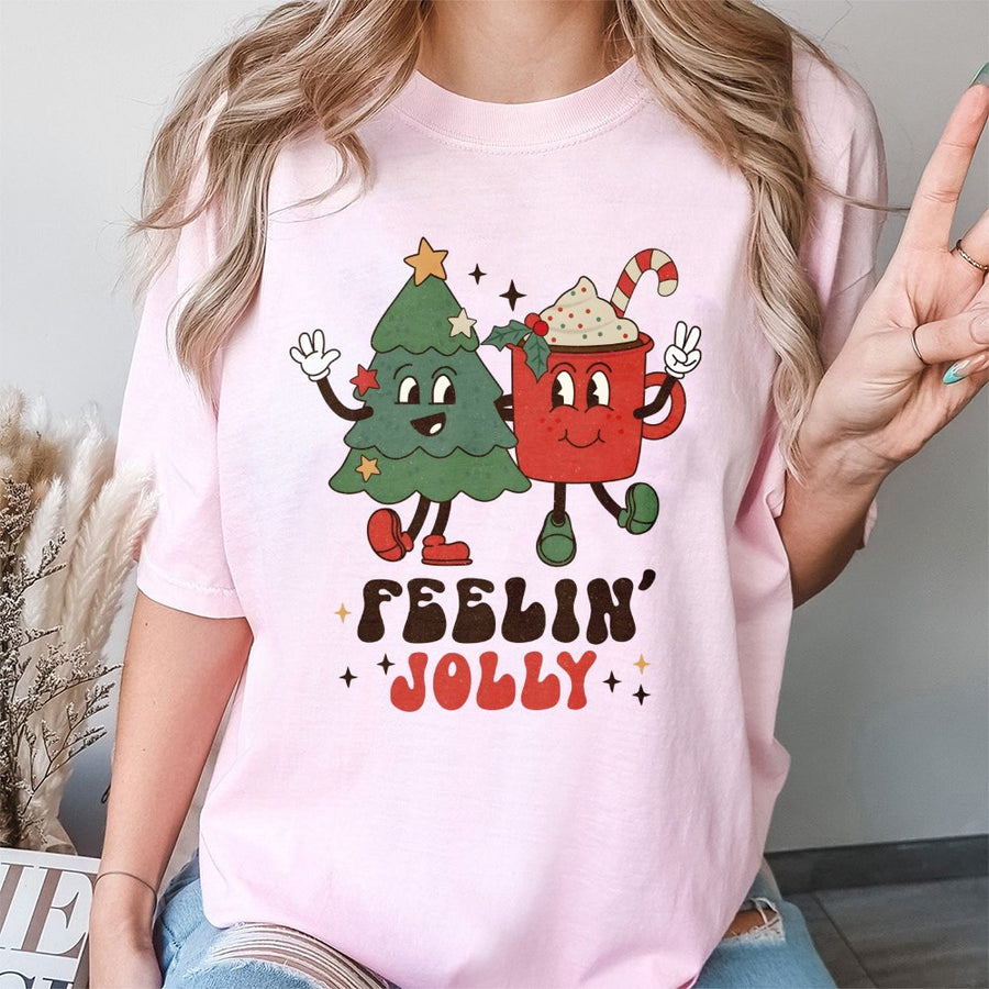 Feelin' Jolly Christmas T-Shirt | Retro Festive Tree and Cocoa Graphic | 100% Cotton Premium Tee | Cute Holiday Gift for Women and Men