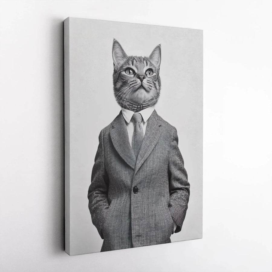 Anthropomorphic Cat Canvas Wall Art | Dapper Cat In Suit Portrait | Premium Gallery-Wrapped Print | Unique Office Or Home Decor Gift