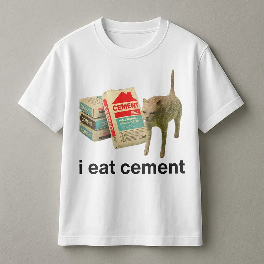 I Eat Cement Funny Meme T-Shirt | Cursed Cat Graphic Tee | 100% Cotton Premium Quality | Unhinged Internet Humor Gift for Men and Women