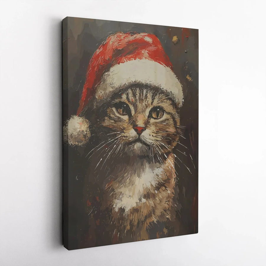 Christmas Cat Wall Art | Painterly Tabby in Santa Hat Canvas | Gallery Wrapped Premium Print | Festive Holiday Home Decor Gift