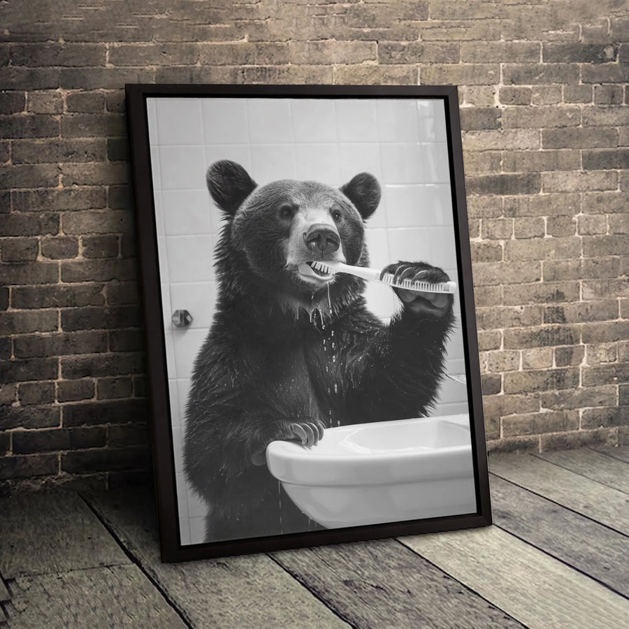 Funny Bear Brushing Teeth Canvas Art | Whimsical Bathroom Wall Decor | Premium 1.25" Gallery Wrap | Unique Gift for Animal Lovers