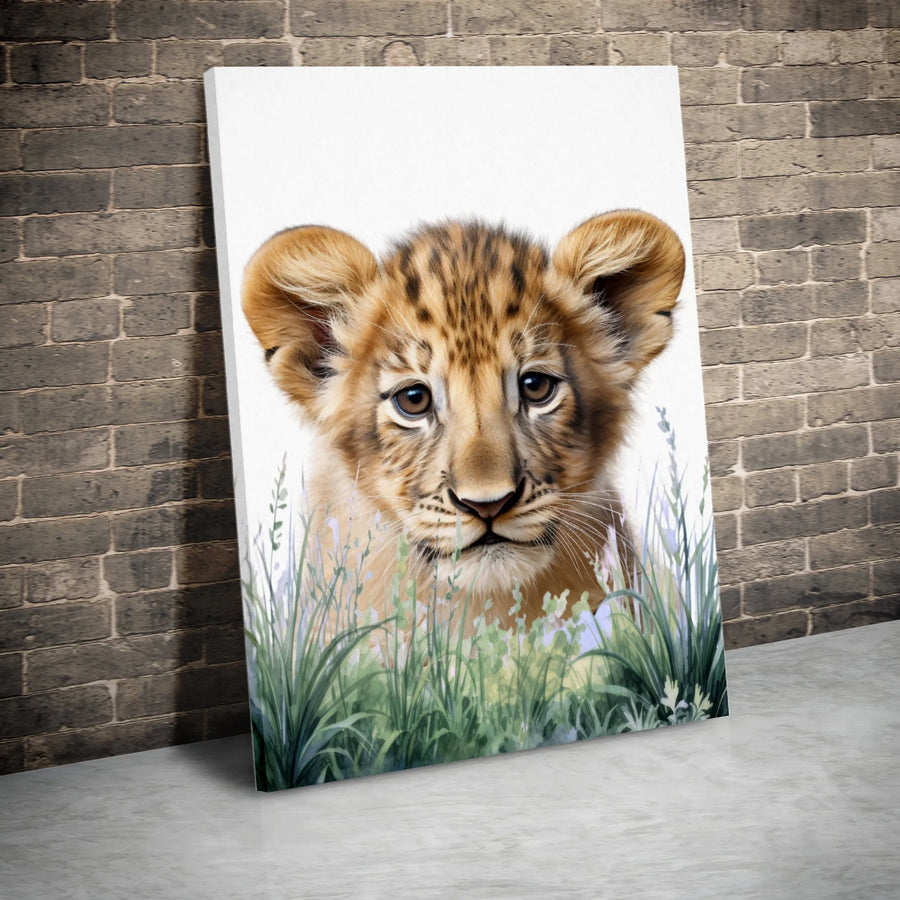 Baby Lion Cub Canvas Wall Art | Watercolor Safari Animal Print | Premium Gallery-Wrapped 1.25" Profile | Nursery Decor or Wildlife Gift