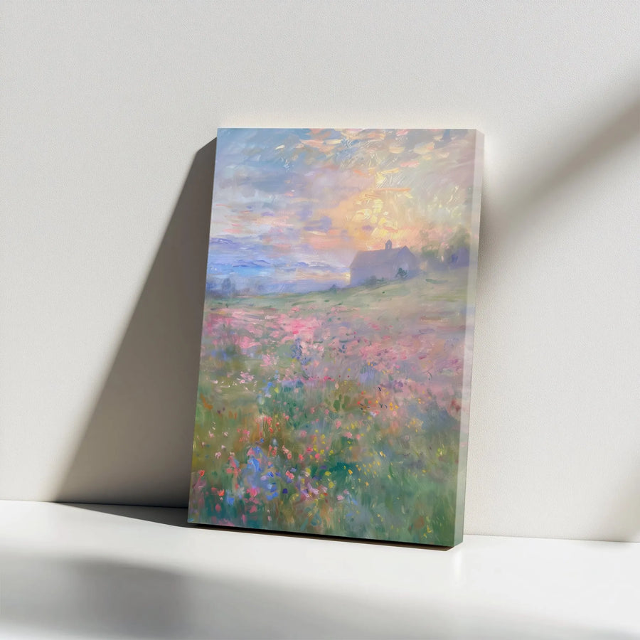 Impressionist Wildflower Meadow Canvas Print | Pastel Sunrise Wall Art | Thick Gallery Wrap Canvas | Farmhouse Living Room Decor Gift